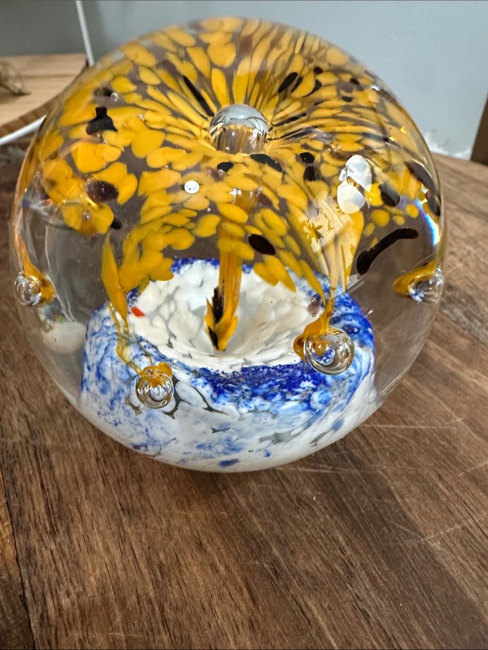 Art Glass Controlled Bubble Floral Design Paperweight Decorative Glass Orb As Is